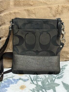 Coach Signature Canvas Crossbody File Bag – Black w/ Pewter Glitter Stripe